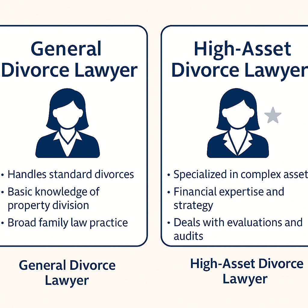Infographic comparing general divorce lawyers with high-asset divorce attorneys by expertise and case type. Infographic comparing general divorce lawyers with high-asset divorce attorneys by expertise and case type.