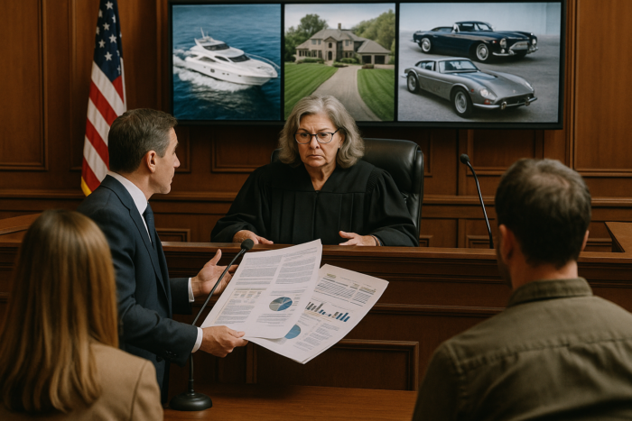 High-Asset Divorce Lawyers in Monmouth County- Why Experience Matters Divorce courtroom scene showing asset division of luxury items including a yacht, estate, and vintage cars in a high net worth NJ case.