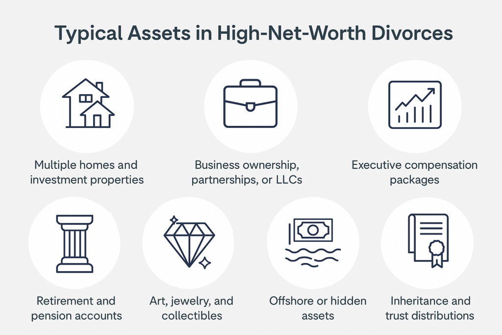 Icon grid showcasing common assets in high-net-worth divorces including luxury homes, businesses, pensions, and offshore holdings. Icon grid showcasing common assets in high-net-worth divorces including luxury homes, businesses, pensions, and offshore holdings.