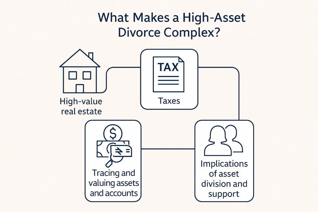 Flowchart illustrating factors that make high-asset divorces complex, including business ownership, tax issues, asset tracing, and real estate. Flowchart illustrating factors that make high-asset divorces complex, including business ownership, tax issues, asset tracing, and real estate.