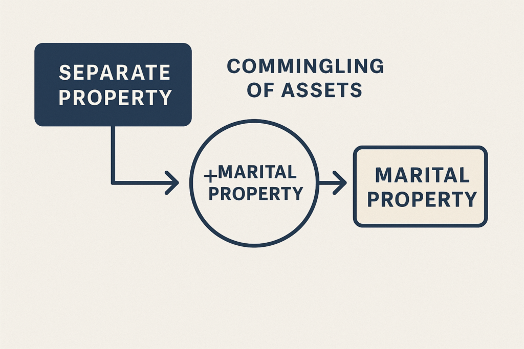This flowchart visually explains how separate assets—such as gifts, inheritances, or pre-marital property—can become marital property in a New Jersey divorce when they are commingled. It outlines the key pathways, including joint bank deposits, shared home purchases, and co-investments, helping viewers understand how equitable distribution laws may apply. "Flowchart showing how separate assets become marital property through commingling in a New Jersey divorce case."