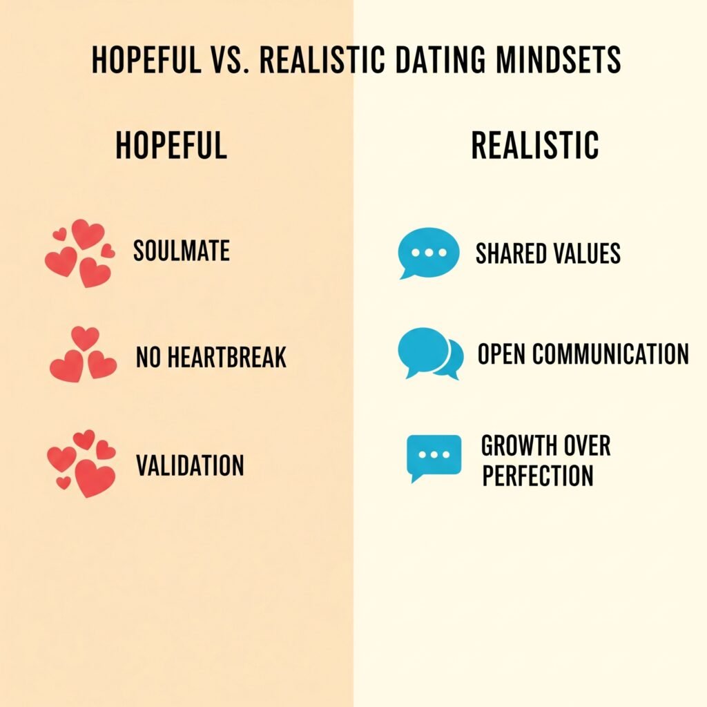 Chart comparing idealistic vs. realistic expectations when dating after divorce. Chart comparing idealistic vs. realistic expectations when dating after divorce.