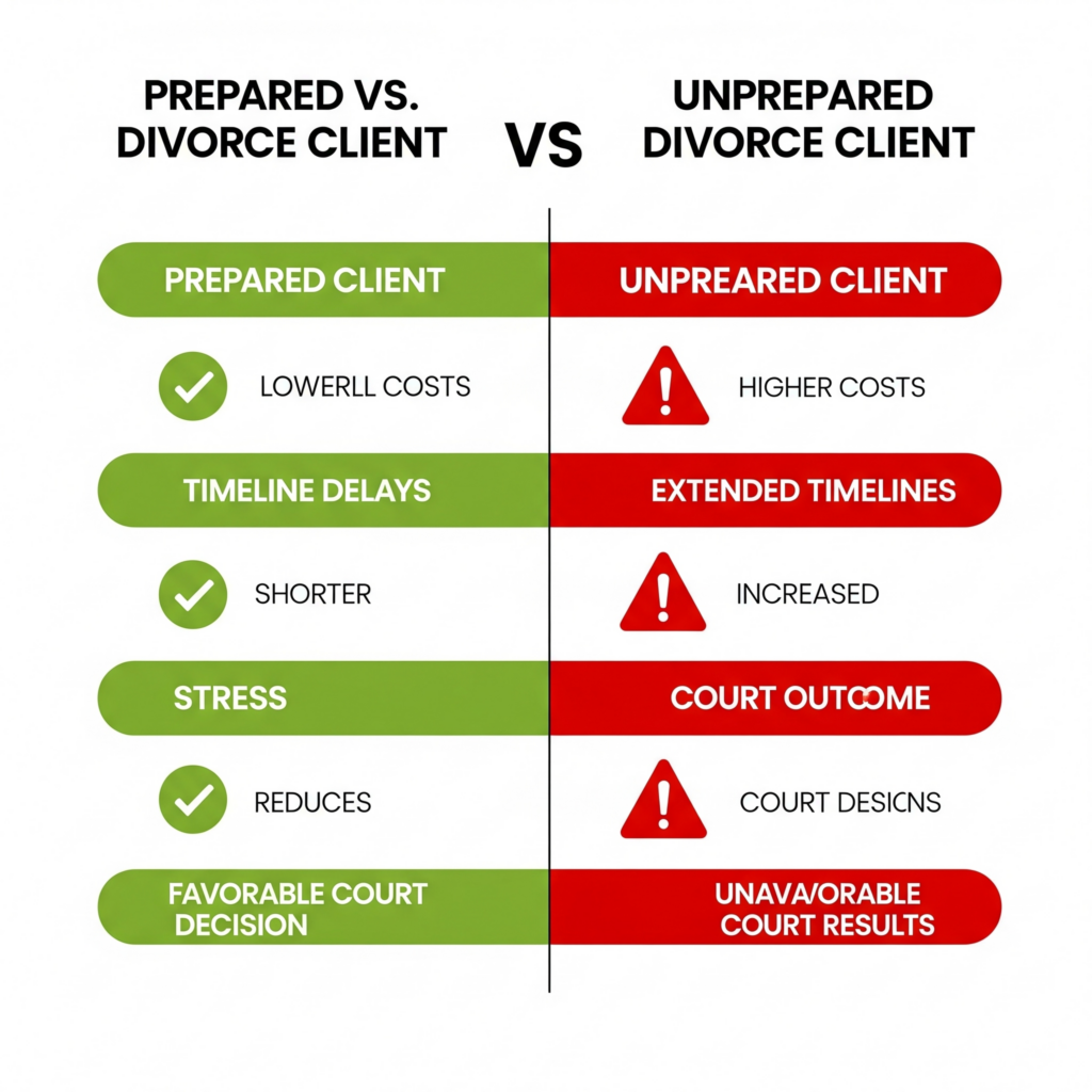Comparison chart showing benefits of being prepared for divorce vs. not. Comparison chart showing benefits of being prepared for divorce vs. not.