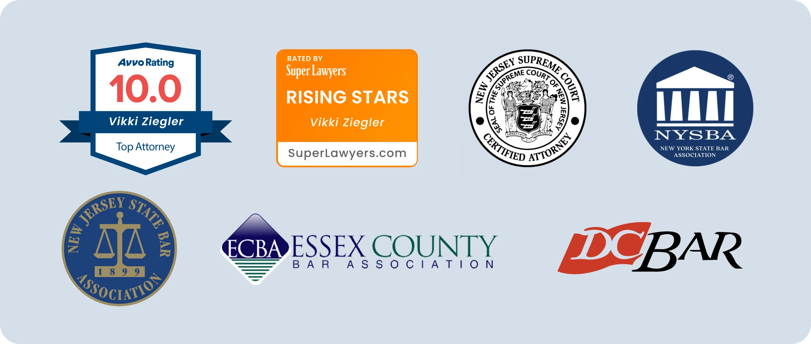 Vikki Ziegler and Ziegler Law Group Authority tags from avvo, superlawyers, new jersey state bar association, new jersey supreme court, essex county bar association, dc bar, new york state bar association